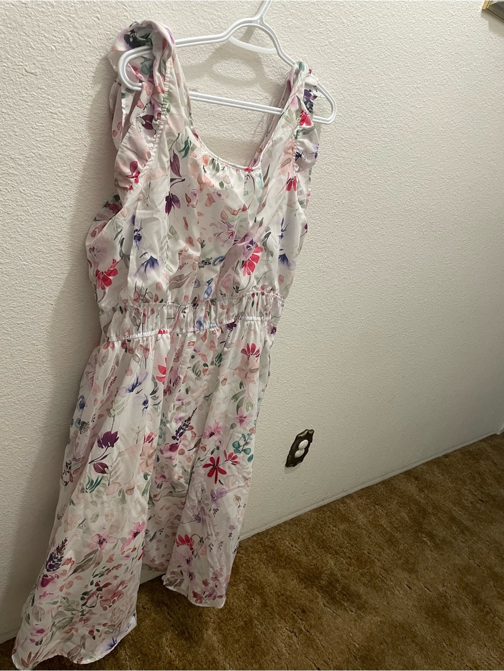 Floral White Midi Dress with Pink & Purple Accents